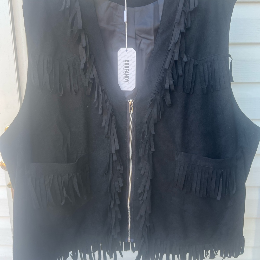 NWT Western Fringe Vest Mens XL Womens XXL  Black Faux Suede Hippie